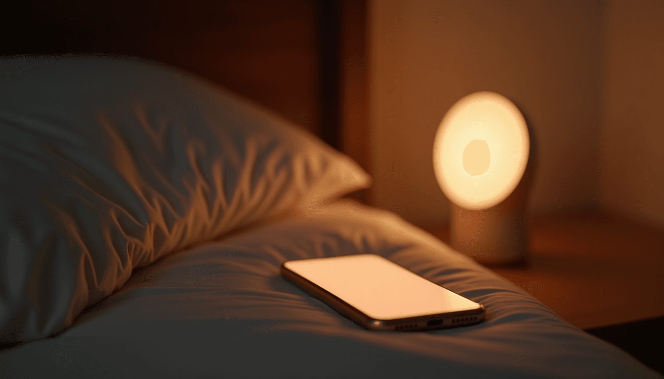 A smartphone screen glowing softly on a bedside table, lit by its own light, dark room background, editorial mood
