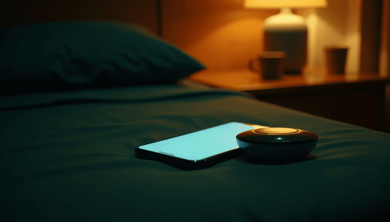 A phone screen glowing on a bedside table in a dimly lit Indian bedroom, two cups nearby, warm intimate lighting, cinematic mood