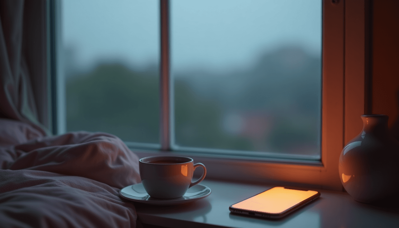 A single cup of chai on a windowsill, grey monsoon sky behind glass, no figures, cool overcast palette with warm amber accent, editorial mood