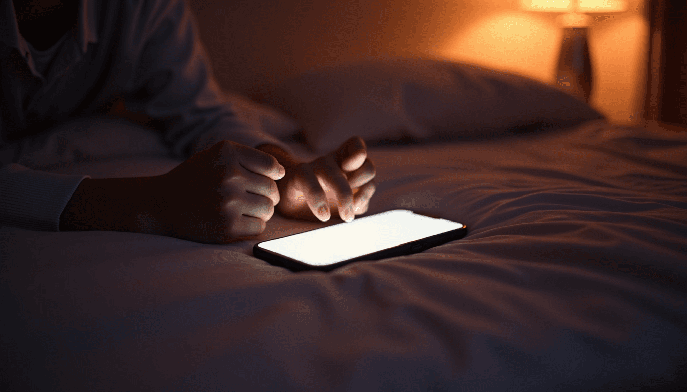 A phone resting on a linen bedsheet lit by its own screen glow in a dim Indian bedroom, warm lamp behind, no figures, editorial ai companion conversation tips india mood