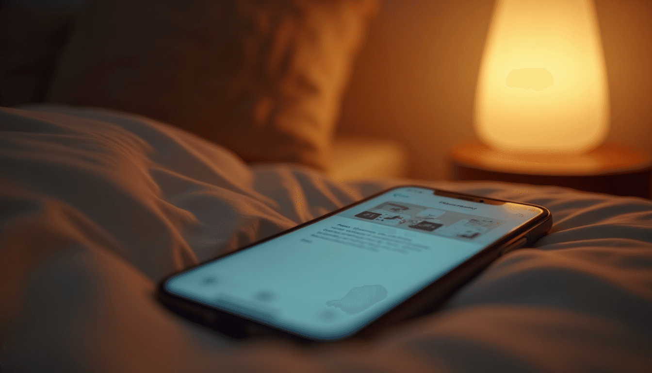 A phone glowing with an AI companion chat on a bedside table in a newly single person's quiet apartment at night