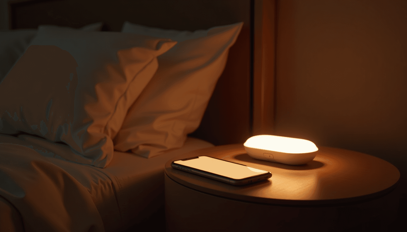 A phone on a bedside table lit by its own screen, dark premium bedroom, suggesting a private AI companion conversation