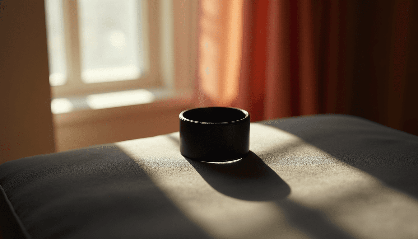 A single black leather cuff resting on a deep grey velvet surface, soft side-light, dramatic shadow, no figures, editorial dark-mode composition