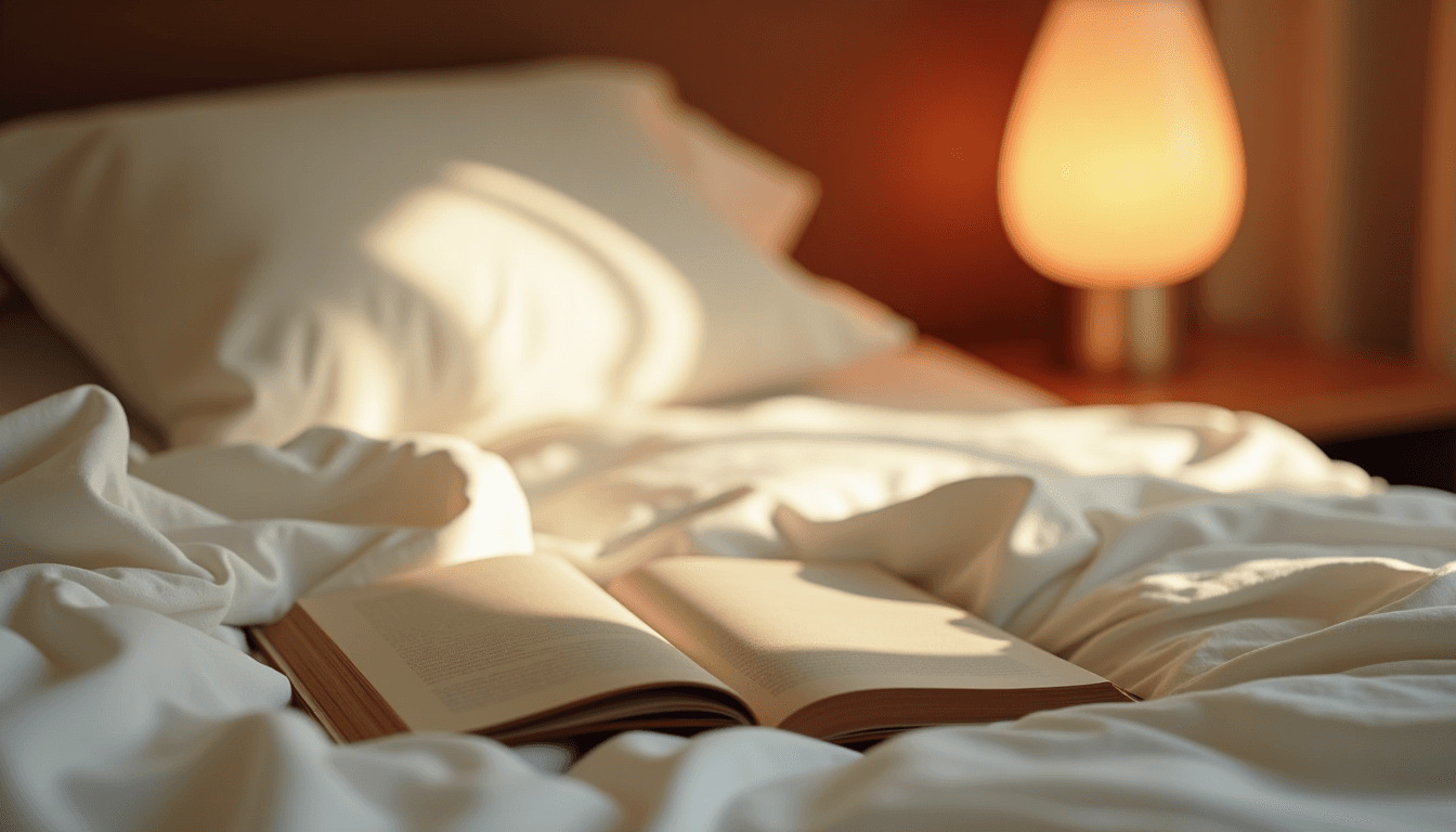 Soft morning light across rumpled cotton bedsheets and a journal on a bedside table, benefits of masturbation for women calm self-care mood
