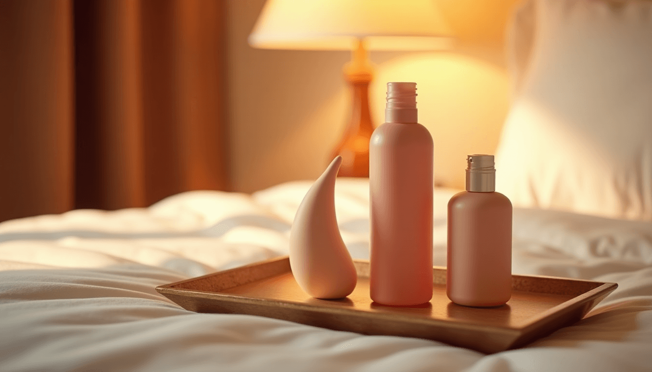 Premium intimate-wellness products arranged on a soft tray in warm lamp light, a best couples sex toy India buyer's guide