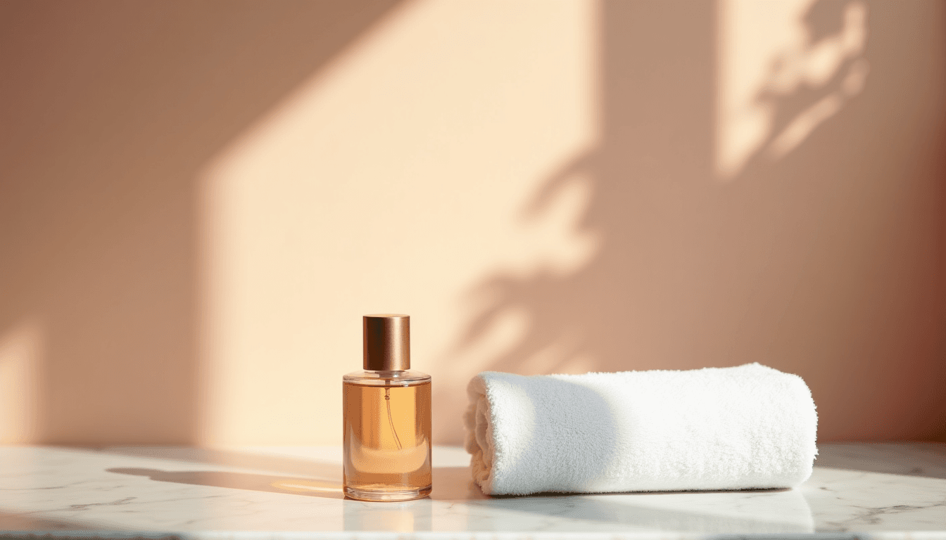 A small glass bottle and a folded white towel on a marble surface, soft diffuse morning light, no hands or figures, editorial product still-life composition