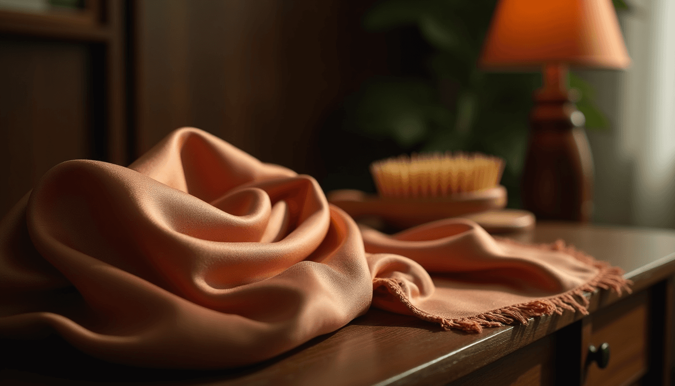 A folded silk scarf and a small wooden hairbrush on a dark teak surface, single warm side-lamp, chiaroscuro shadows, no figures, object-forward composition