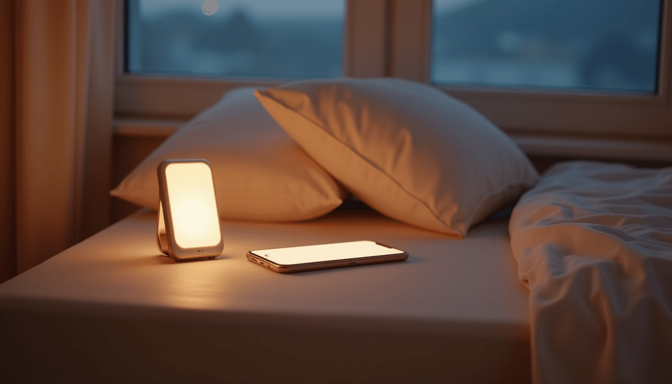 A phone on a bedside table lit by screen glow, beside an empty second pillow, soft blue dusk light through window, no figures, editorial negative space