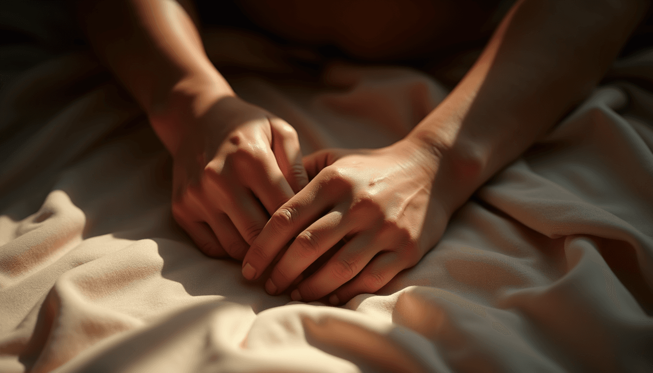 Two pairs of hands resting close together on a dark linen surface, soft side-lamp, deep shadows, intimate and quiet