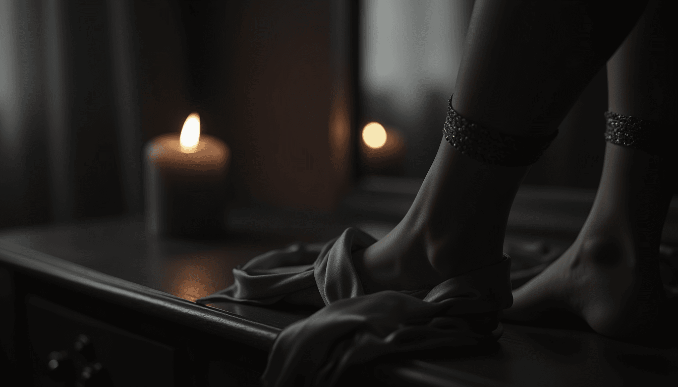 A black silk ribbon and a lit candle on a dark wooden dresser, femdom india, moody editorial still