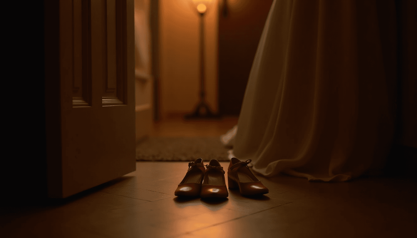 Two pairs of wedding shoes by a hotel door, the quiet before honeymoon night nerves settle