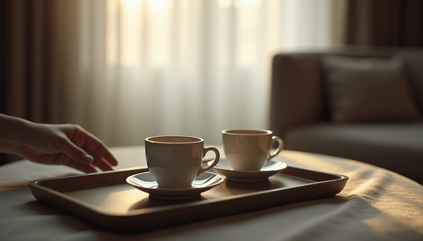 Two empty chai cups on a hotel breakfast tray, morning light through sheer curtains, soft warm palette, no figures, quiet editorial mood