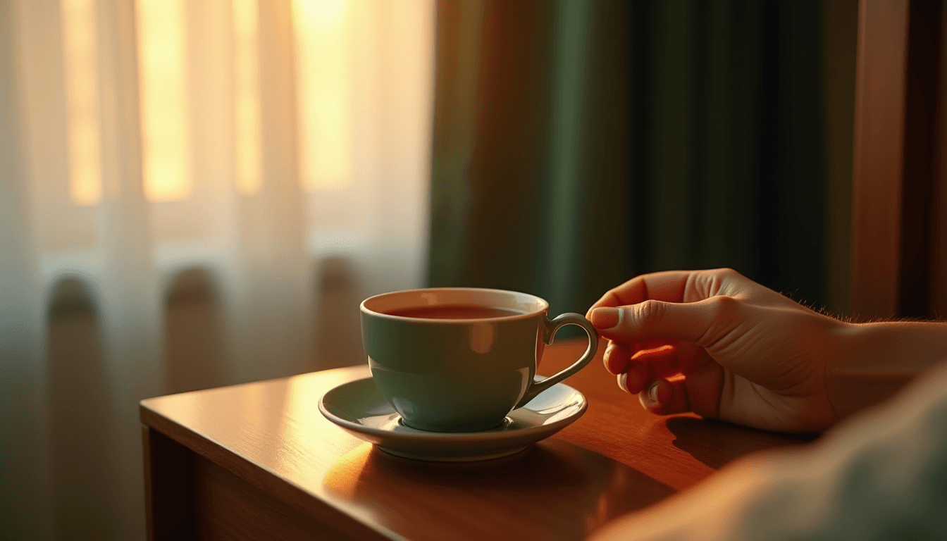A single chai cup on a wooden bedside table, morning light through curtains, warm terracotta palette, no figures, soft focus editorial