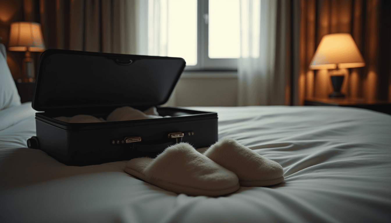 A packed open suitcase on a hotel bed with two pairs of slippers beside it, warm resort lamp light through a window, no figures, editorial composition for how to prepare for honeymoon sex