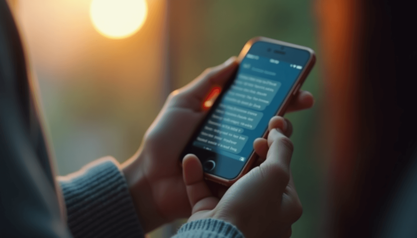 A phone held in one hand showing a soft-blurred text thread in warm evening light, symbolic of how to start sexting in India