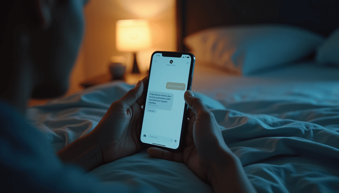 A phone on a bedside table lit by its own screen showing an AI companion chat, warm lamp light, how to talk to ai companion
