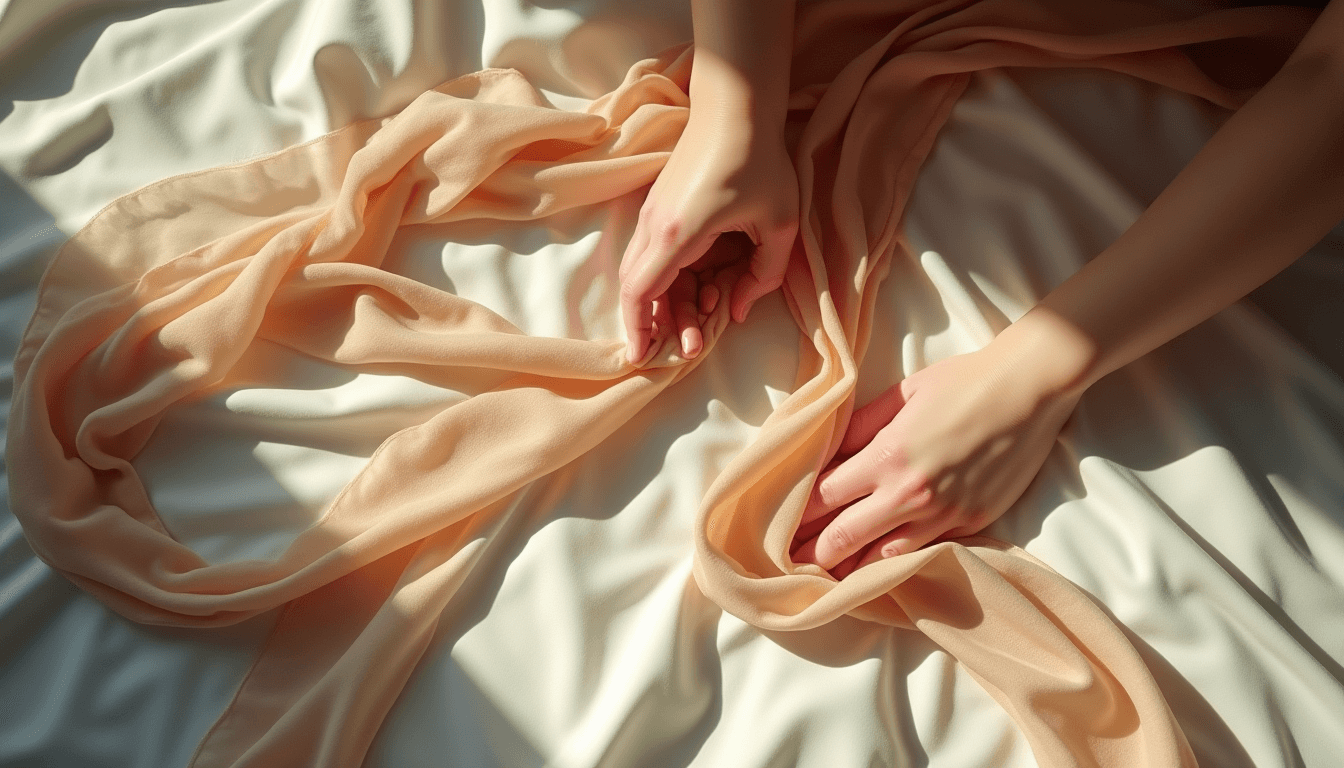 A soft cotton scarf and a length of ribbon laid across a rumpled white bedsheet in warm lamp light, no figures, suggestive but tasteful editorial composition for light bondage first scene