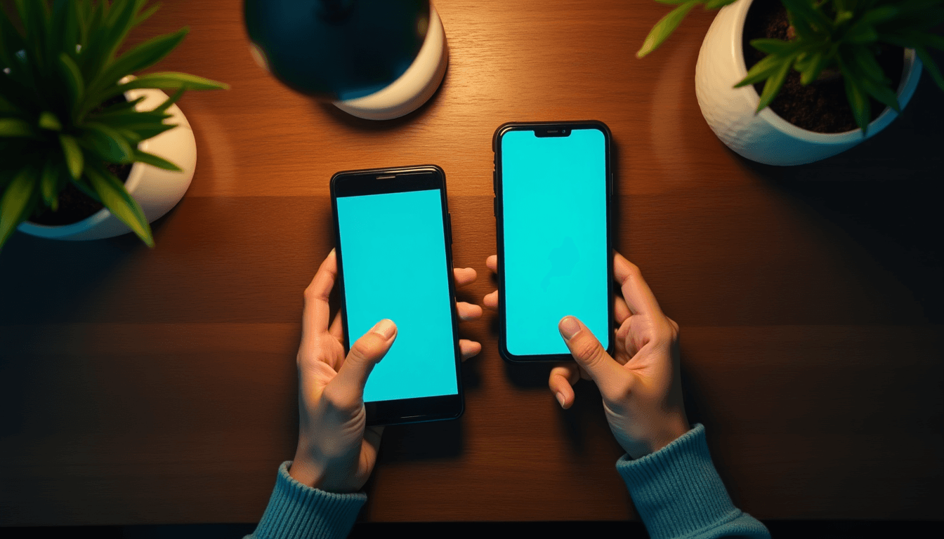 Two phones side by side on a wooden surface, screens glowing softly, no figures, cool morning light, ink-blue editorial palette
