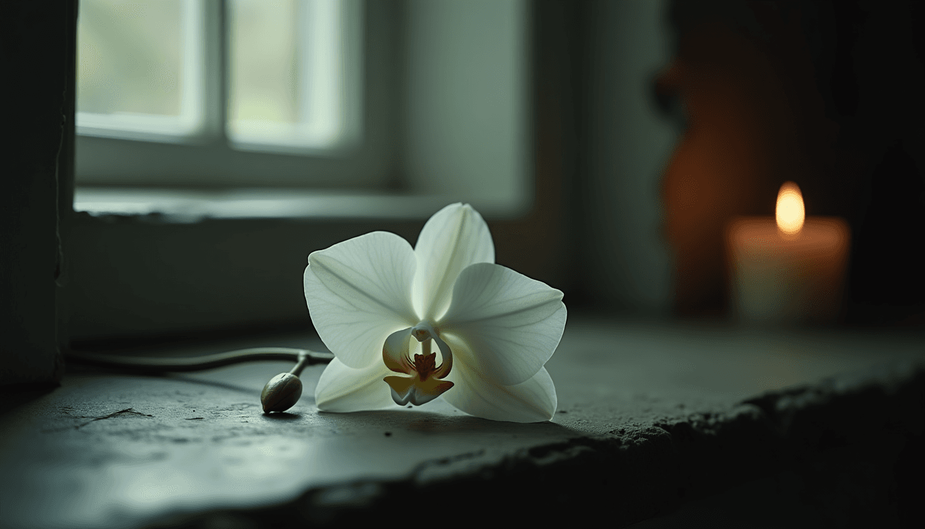 A white orchid on a dark stone surface, cool morning light from a window, soft focus, minimal composition, no figures, muted sage and slate palette