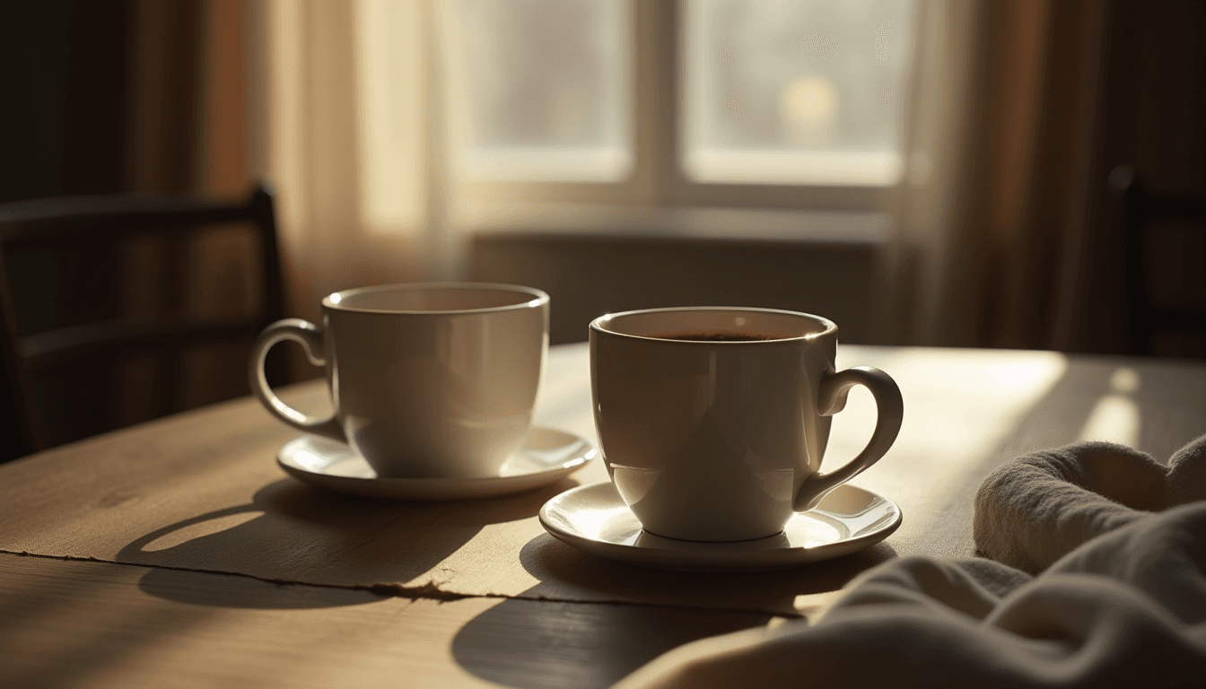 Two coffee cups and a third empty cup on a wooden table, morning light from a window, no figures, relationships-implied still life, warm cream palette