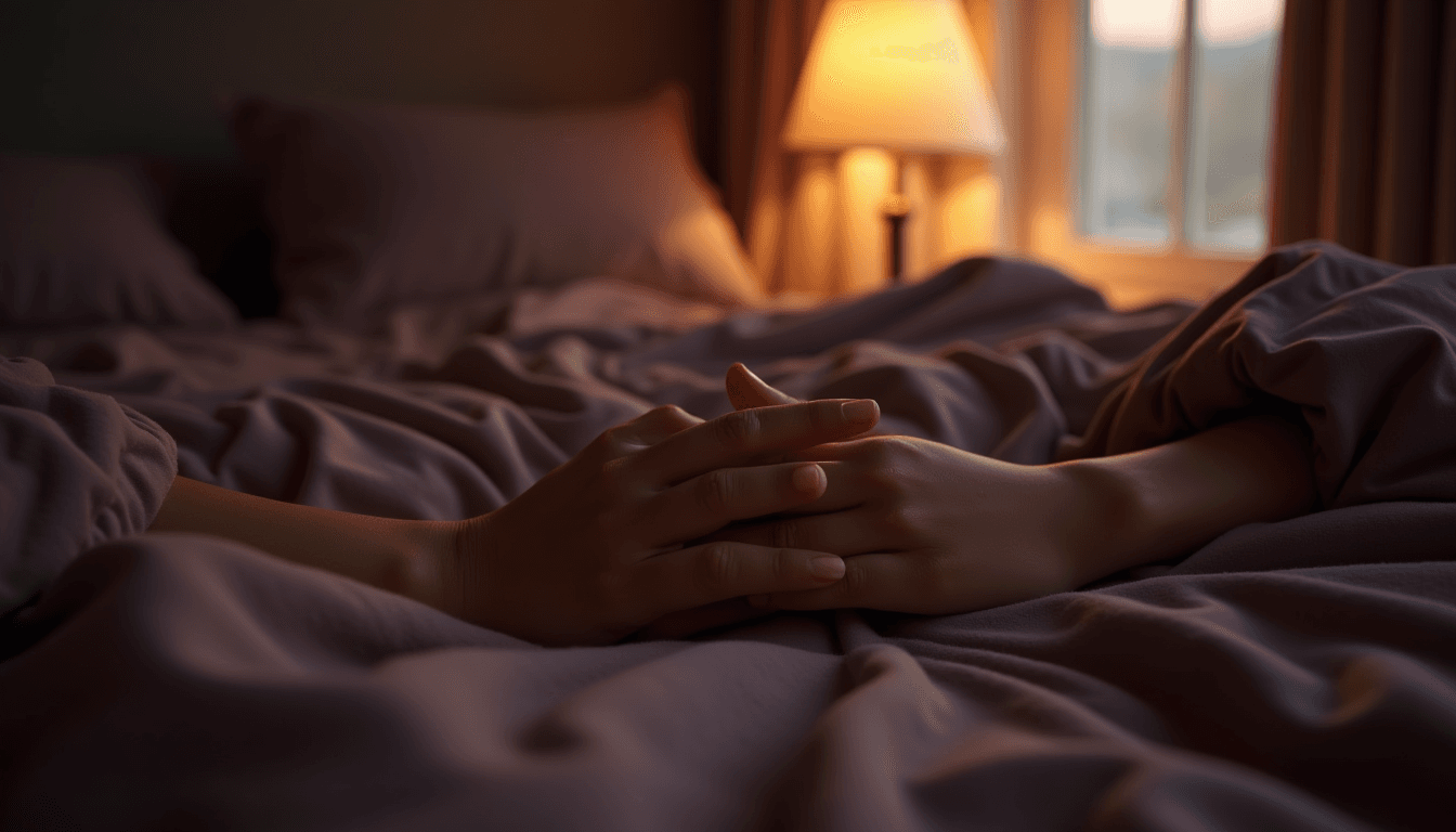 Two hands intertwined over dark rumpled cotton sheets, soft side-lamp, quiet intimate mood, deep plum and cream tones