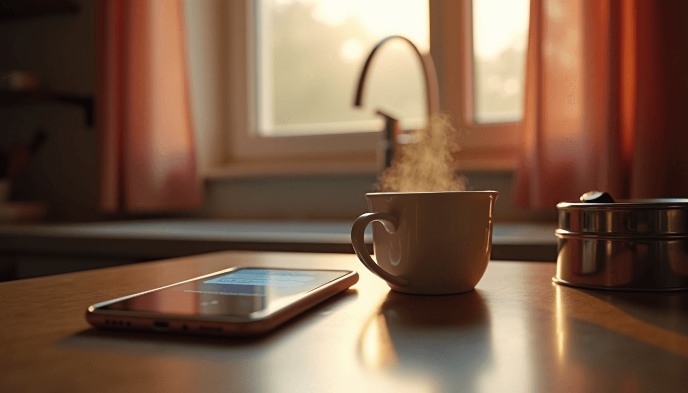 A phone on a kitchen counter showing a message bubble, morning chai and a steel tiffin beside it, warm window light, no figures, editorial composition for romantic texts for wife india