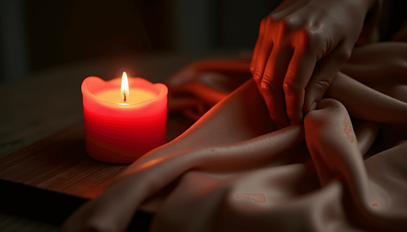 A single traffic-light-red candle beside a folded silk scarf on dark wood, safewords bdsm, dark editorial mood, no figures