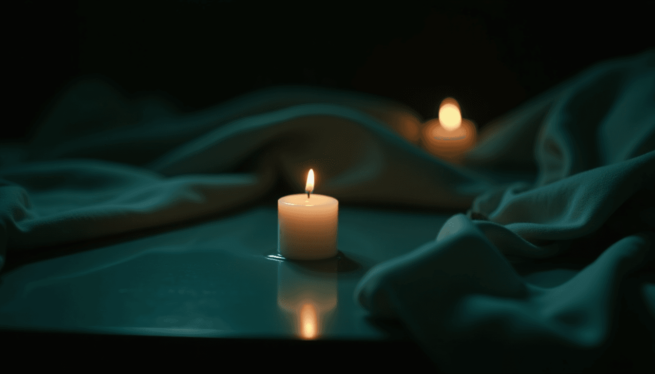 A single white candle melting on a polished dark surface, dramatic chiaroscuro, no figures, deep emerald palette, editorial