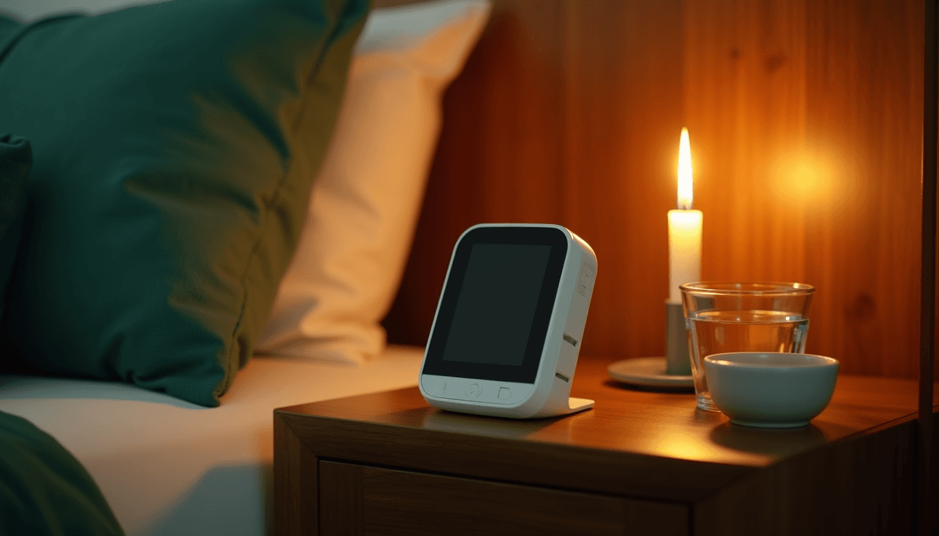 A bedside table with a baby monitor, a glass of water, and a single burning candle, warm amber light, no figures, quiet domestic editorial composition