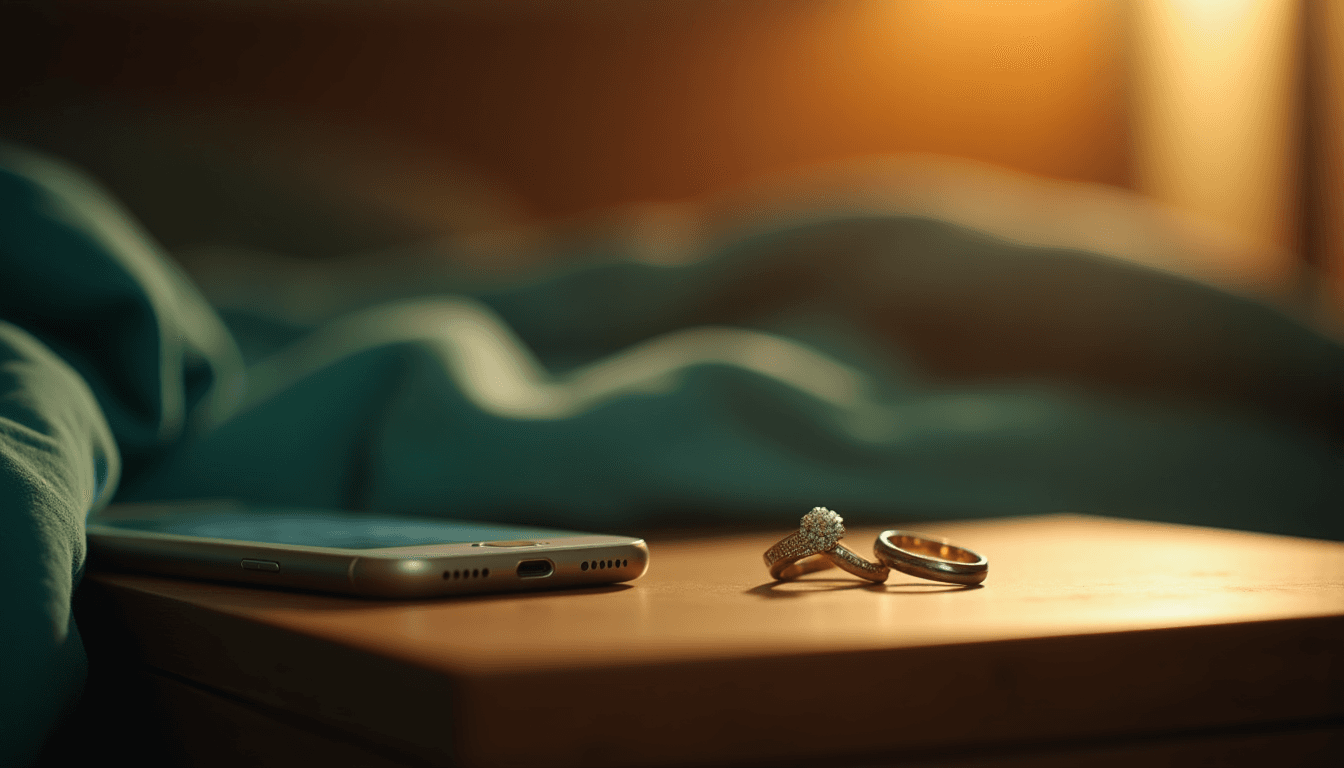 A phone face-down beside two rings on a bedside table, avoiding common sexting mistakes