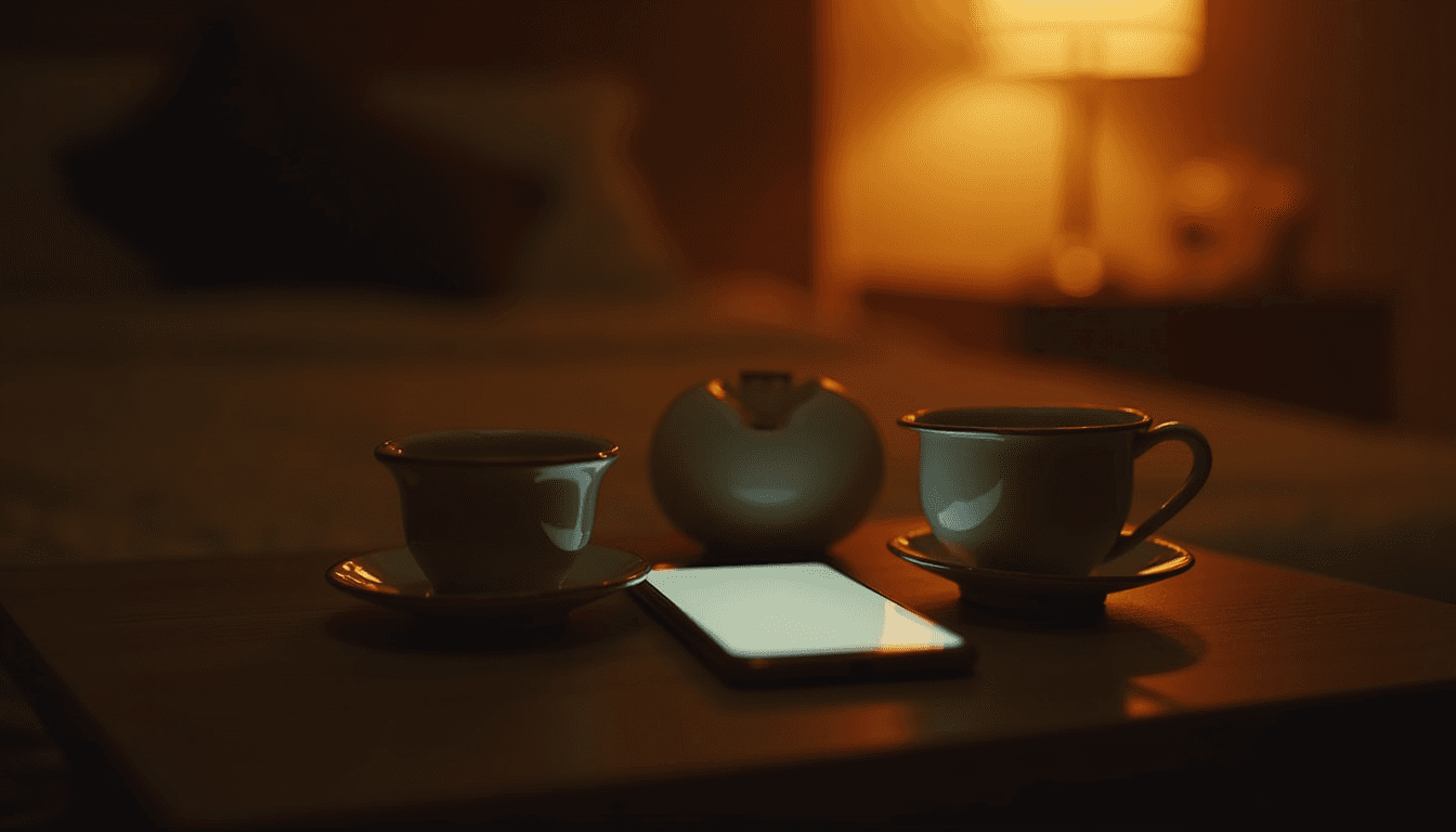 A phone screen glowing in a dimly lit Indian room, two cups of chai on a table nearby, warm amber tones, intimate and private mood