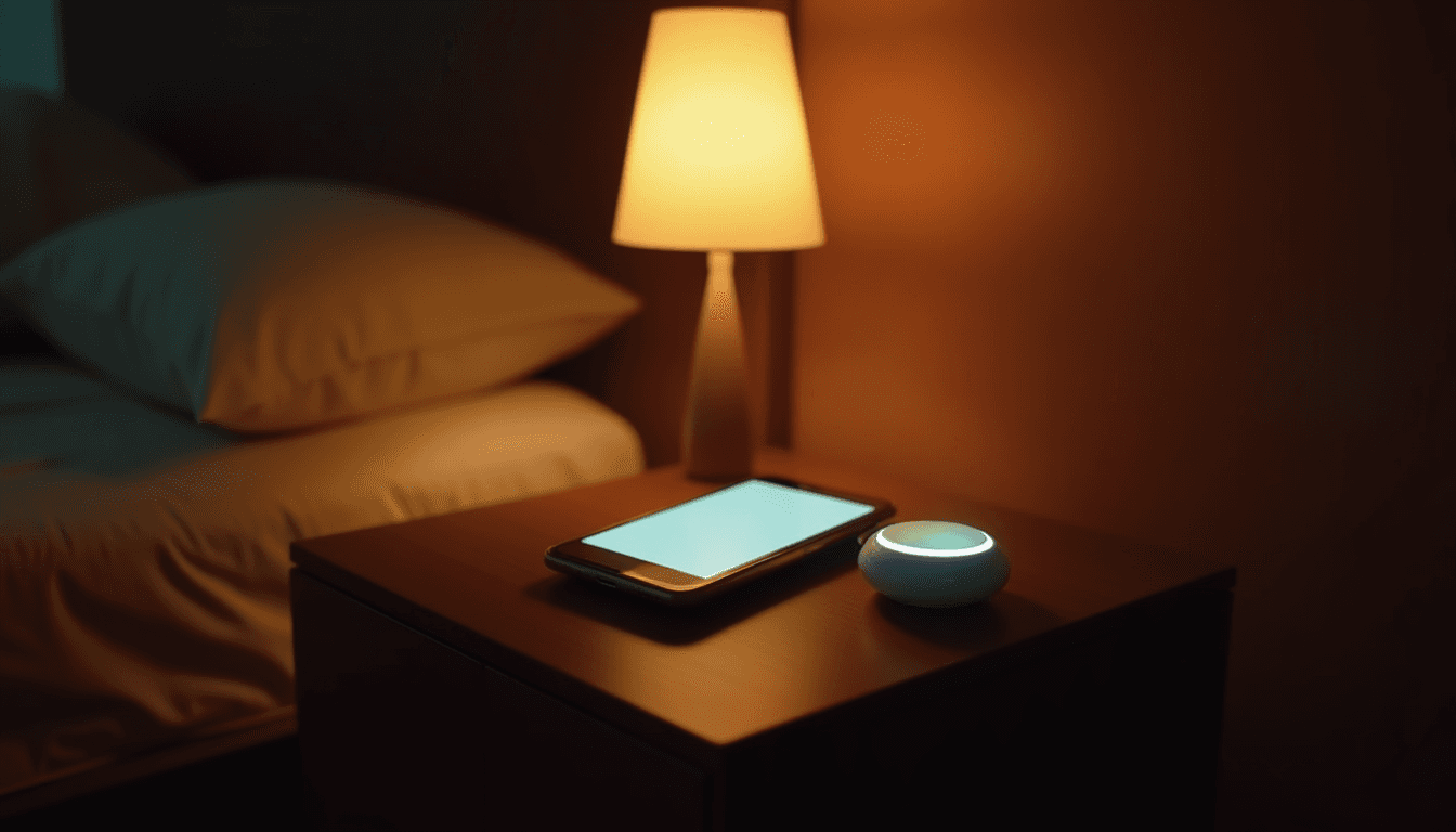 A phone glowing on a dark bedside table in an Indian apartment, tantrix kya hai AI companion app