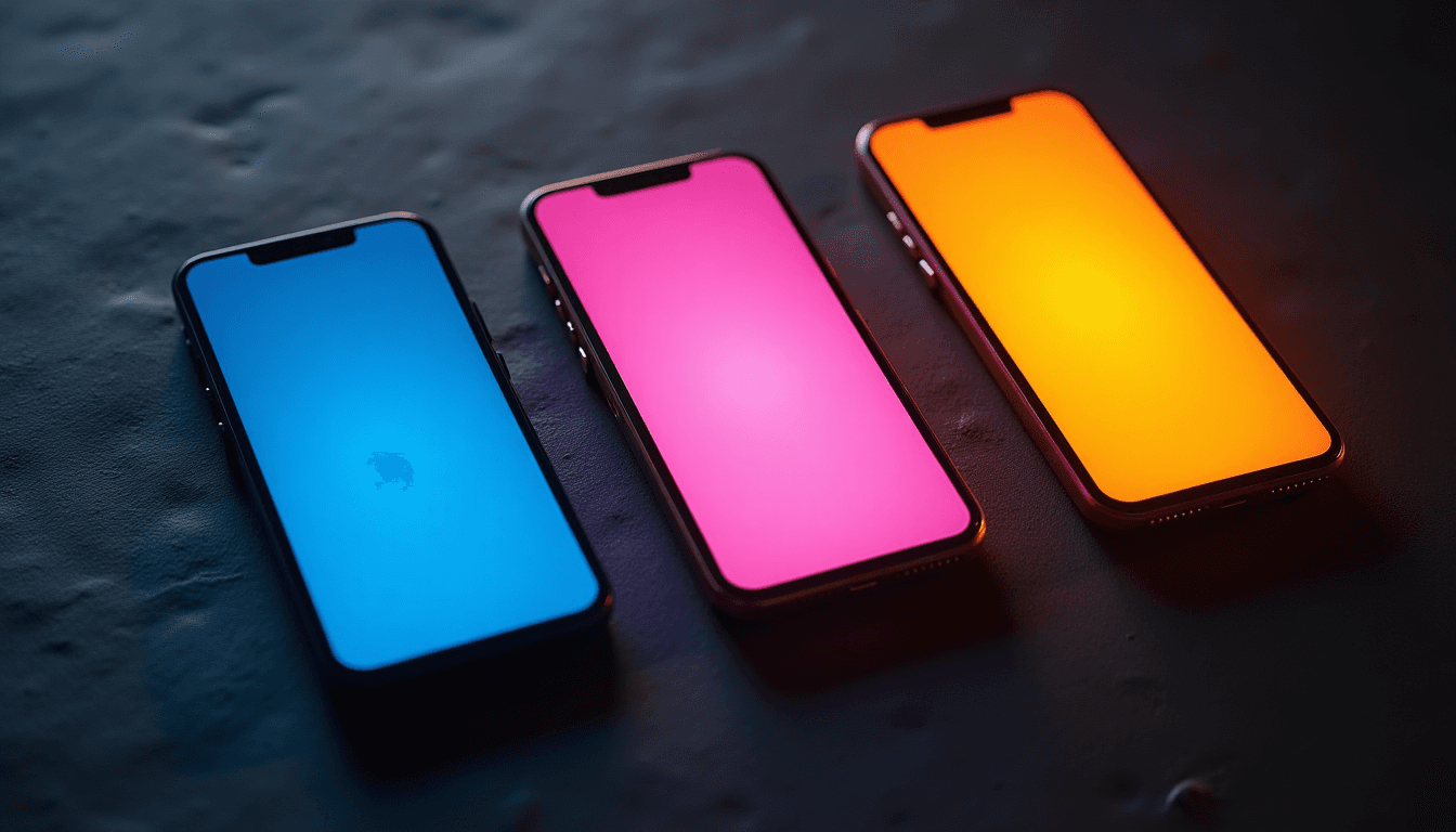 Three smartphones side by side on a dark surface, screen glows in indigo, pink, and amber, no figures, editorial flat-lay, dark slate background