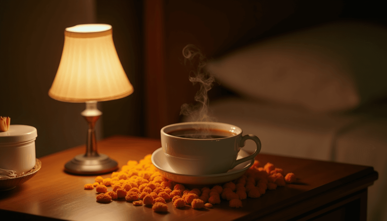 Wedding night first time tips — a hotel bedside table with marigold petals, a small lamp, a steaming cup of chai, dark editorial mood