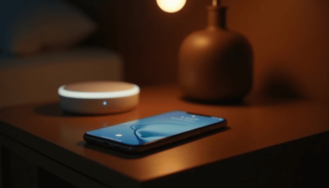 A phone glowing on a dark bedside table beside a sleek connected device, two-way device sync ai, dark editorial mood, no figures