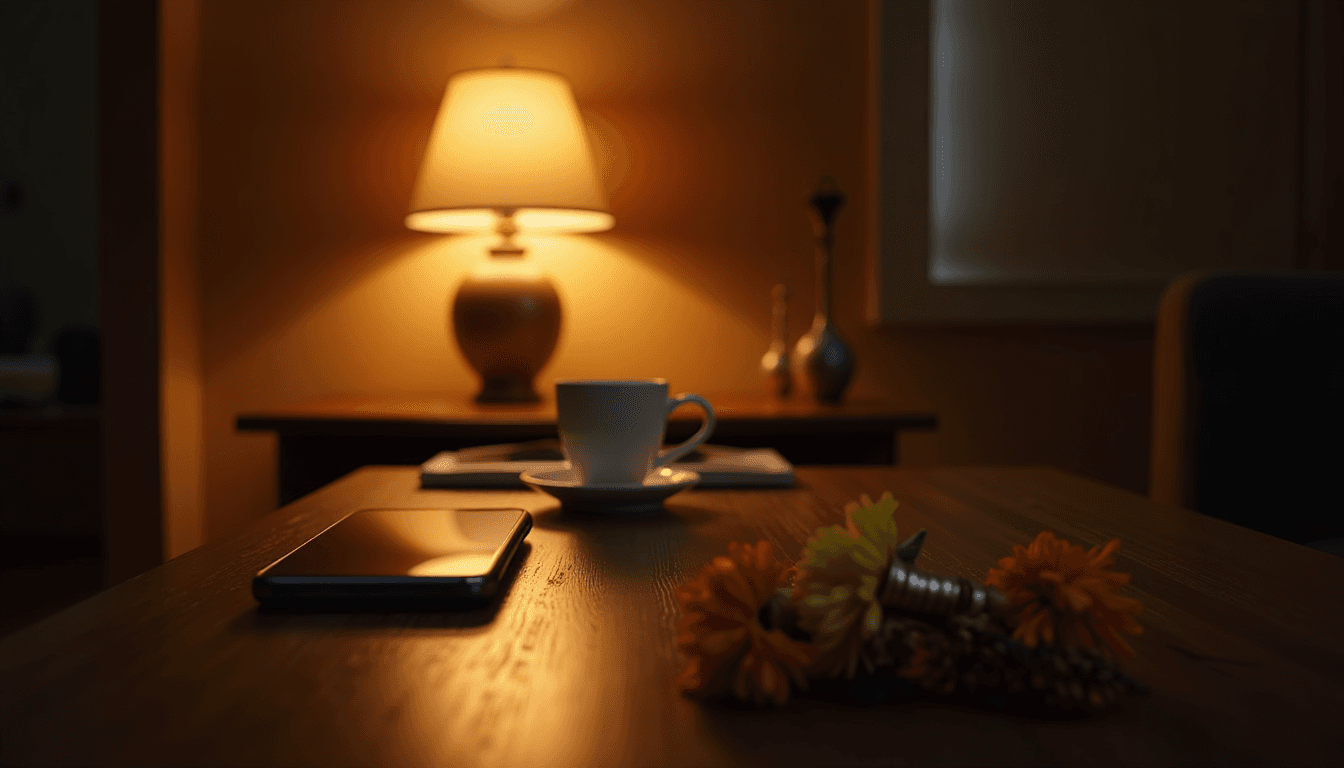 A phone face-down on a wooden desk lit by its own screen glow, a single cup of chai beside it, late evening lamp light, no figures, editorial composition with ai companion for men india mood