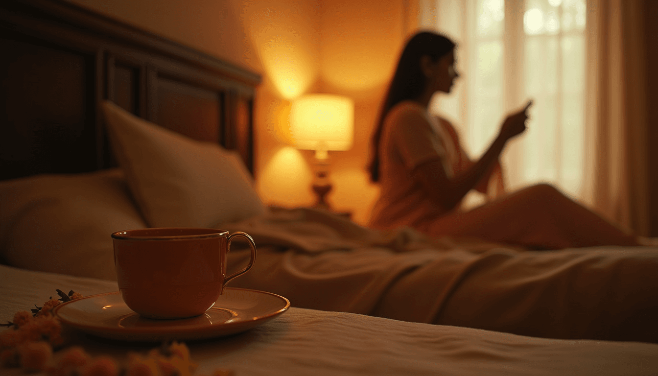 Soft lamplight on a woman's hands holding a phone in a quiet Indian apartment bedroom, warm terracotta tones, cinematic mood