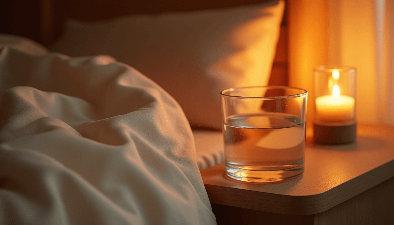 A soft blanket, two glasses of water and a candle on a bedside table after a BDSM scene, warm amber light, symbolising aftercare