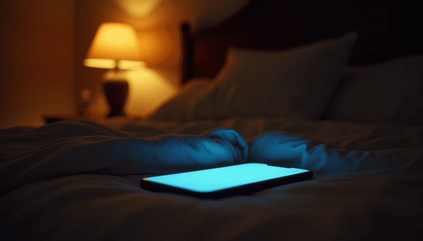 A phone on a bedside table glowing with a soft blue screen light, dark bedroom background, single lamp casting warm side-light, cinematic composition