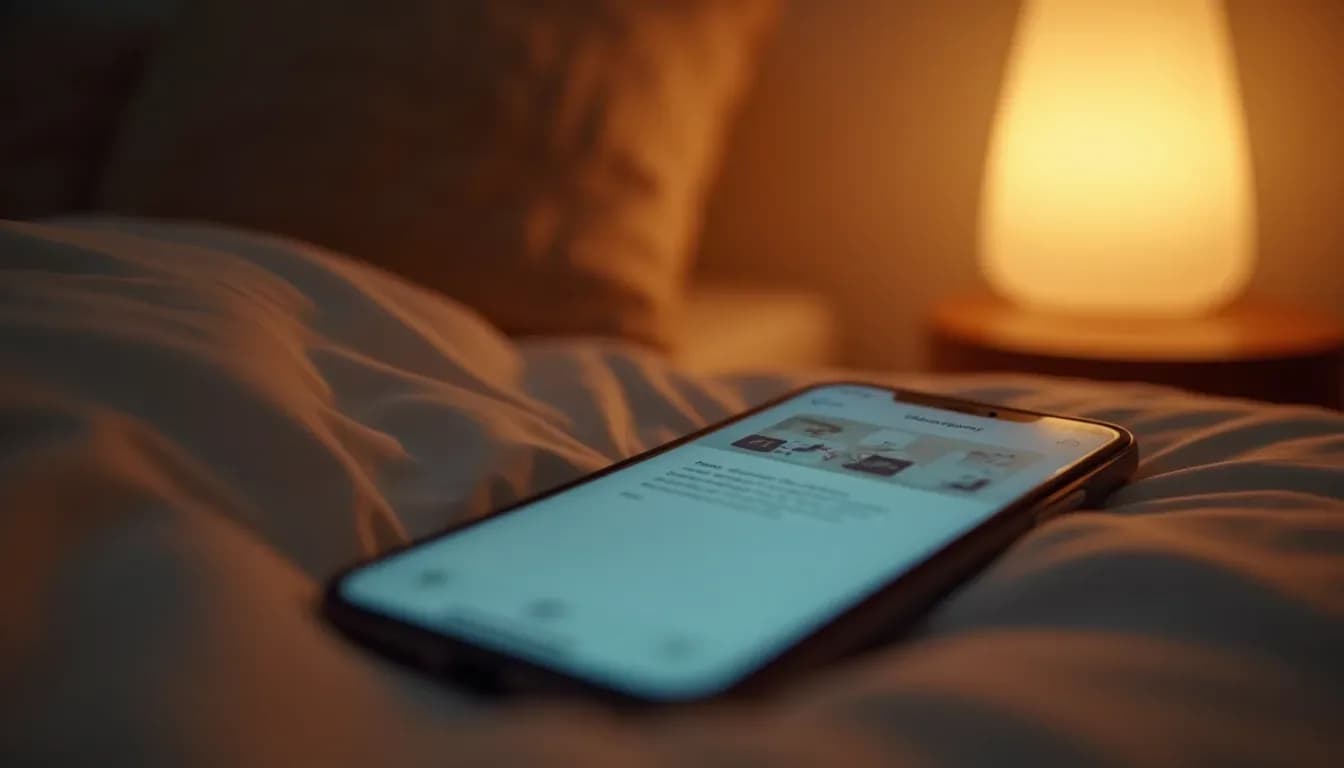 A phone glowing with an AI companion chat on a bedside table in a newly single person's quiet apartment at night