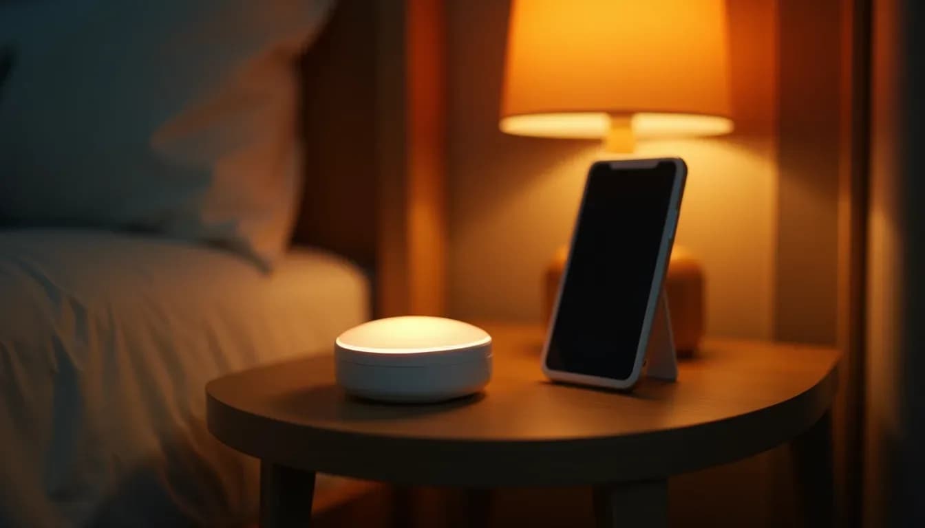 A person's reading corner with an armchair, book and phone in warm lamp light, an introvert's quiet evening with an AI companion