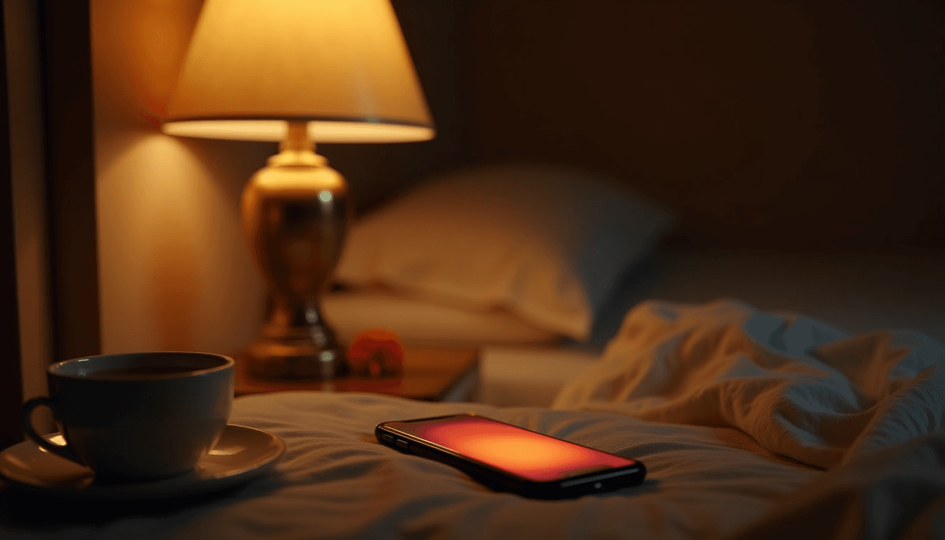 A phone glowing softly on a bedside table next to a chai cup in a dim Indian apartment, ai companion vs therapist decision