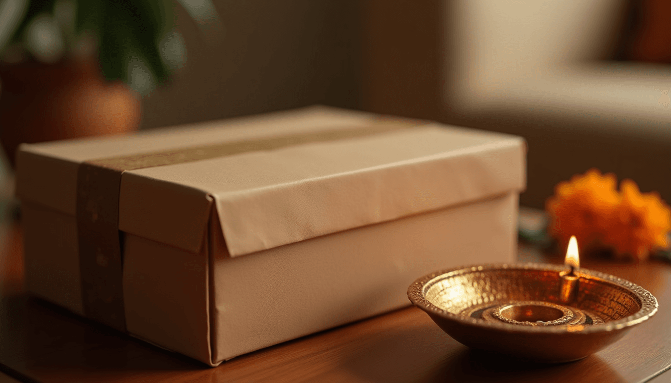 A discreet unmarked courier box on a wooden table beside a brass diya, warm Indian household setting, symbolising sex toys ordered legally in India