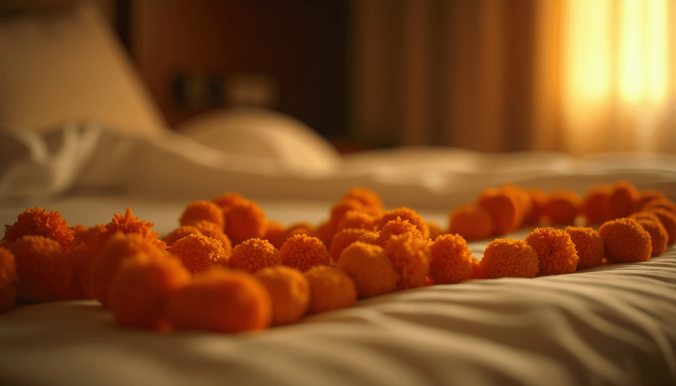 Marigold strands on a hotel bed in warm lamplight, arranged marriage first night calm and unposed