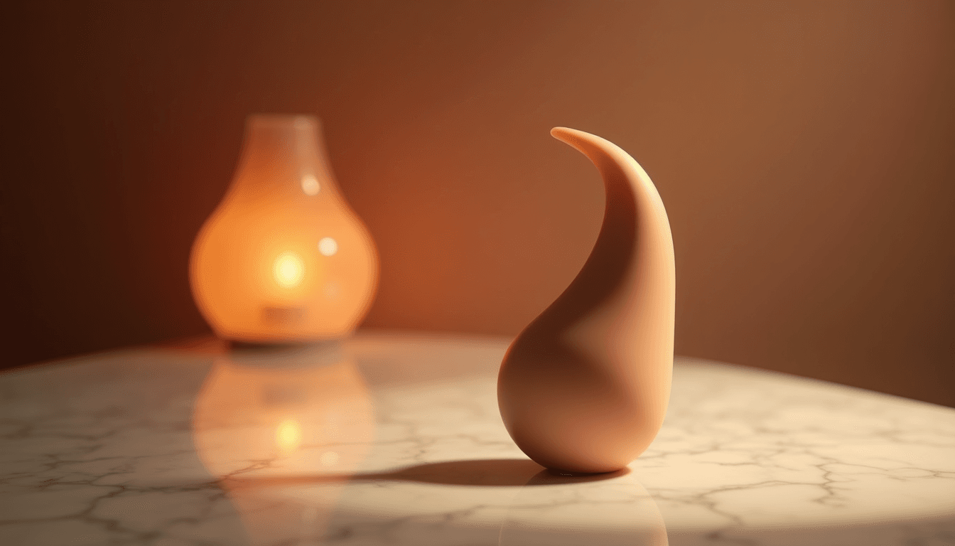 Best clitoral suction toy India — a single matte intimate device on a marble surface, soft amber lamp light, dark editorial mood