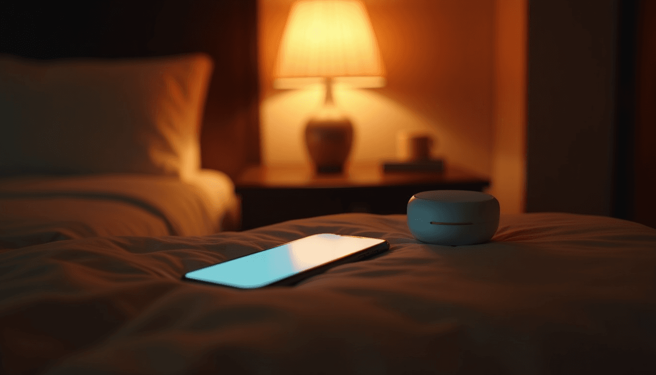 A phone on a bedside table lit by its own screen glow in a dark room, warm side-lamp in background, no faces visible, cinematic film-still composition