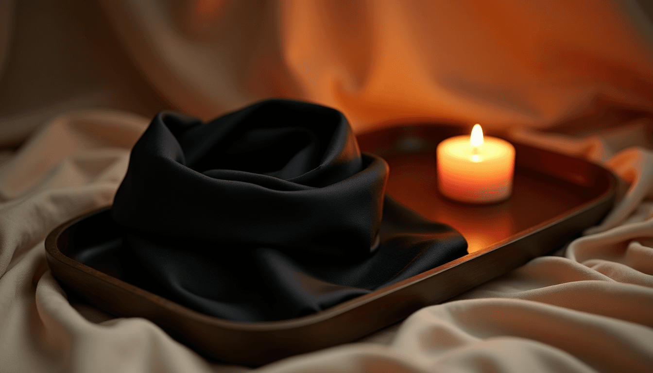 A black silk scarf and a single candle on a dark wooden tray, warm amber light, common fetishes explained tastefully