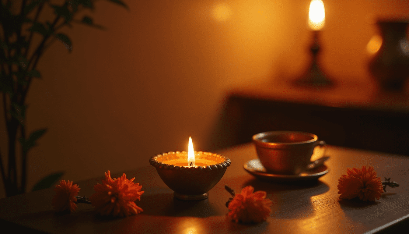 A single lit candle and a brass diya on a dark wooden table in warm amber light, representing D/s culture in India