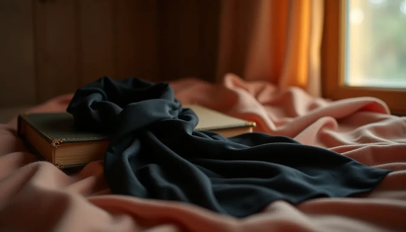 A black silk scarf and a leather-bound journal on dark wood, low amber light, symbolic of femdom for beginners