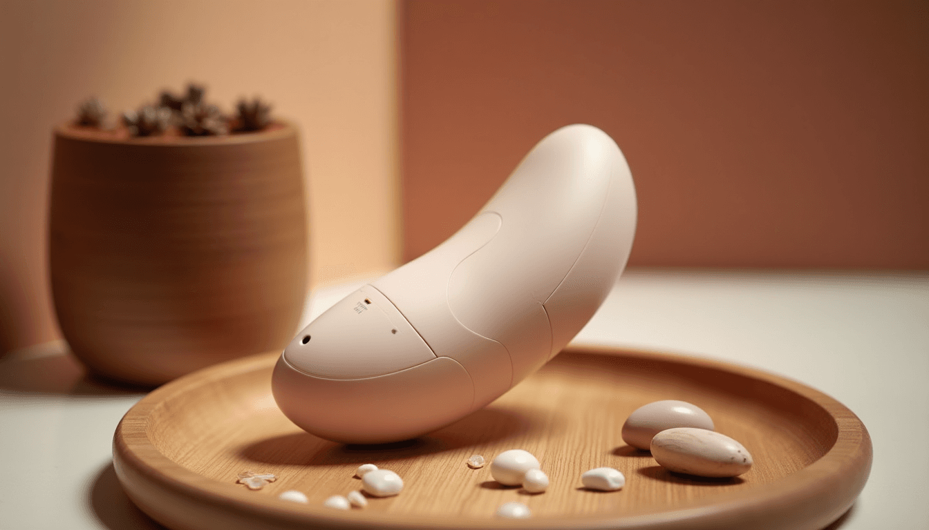 A small, body-safe vibrator next to everyday objects on a wooden tray — first vibrator in India buyer's guide